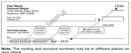 example check with routing number and account number shown
